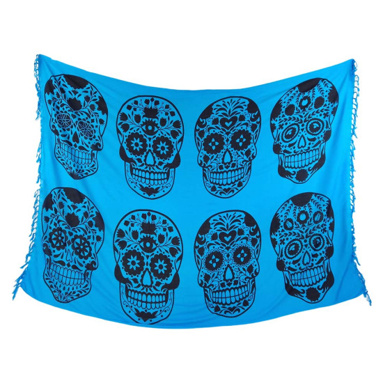 Sininen Calavera-sarongi mustilla pääkalloilla