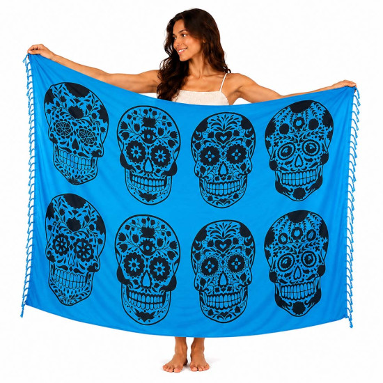 Sininen Calavera-sarongi mustilla pääkalloilla