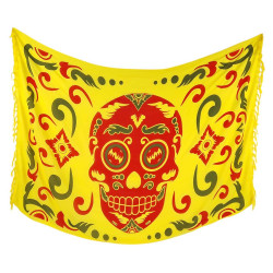 Keltainen Calavera-sarongi punaisella pääkallolla