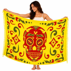 Keltainen Calavera-sarongi punaisella pääkallolla
