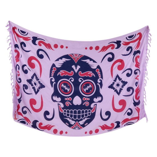 Vaaleanpunainen Calavera-sarongi tummansinisellä pääkallolla