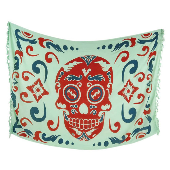 Vaaleanvihreä Calavera-sarongi punaisella pääkallolla