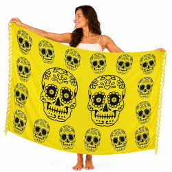Keltainen Calavera-sarongi mustilla kuvioilla