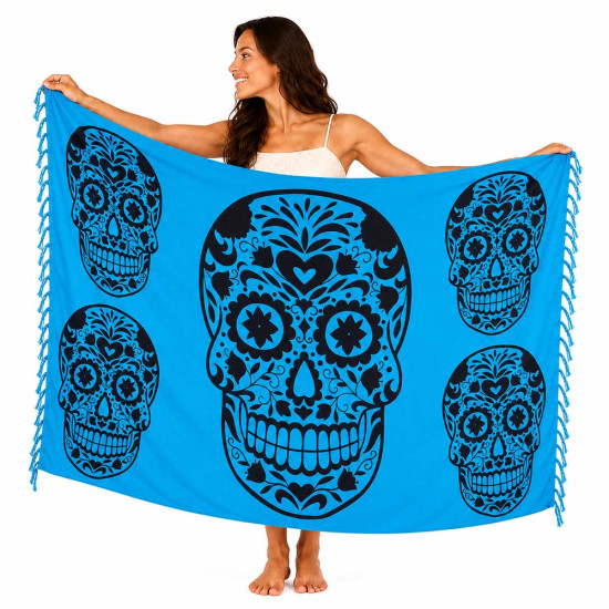 Sininen Calavera-sarongi suurilla mustilla kuvioilla