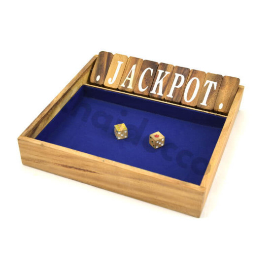 Puupeli Shut The Box Large, jossa on nopat ja sininen pelialusta