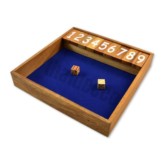 Puupeli Shut The Box Large, jossa on nopat ja sininen pelialusta